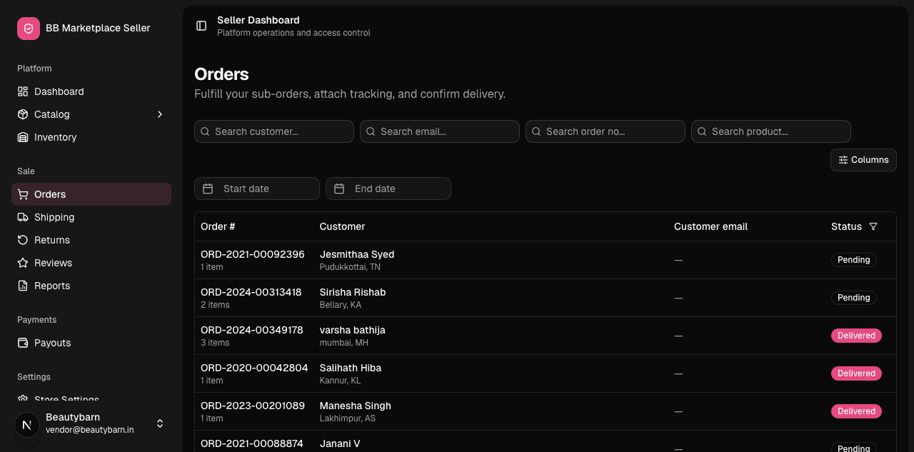 Vendor orders list